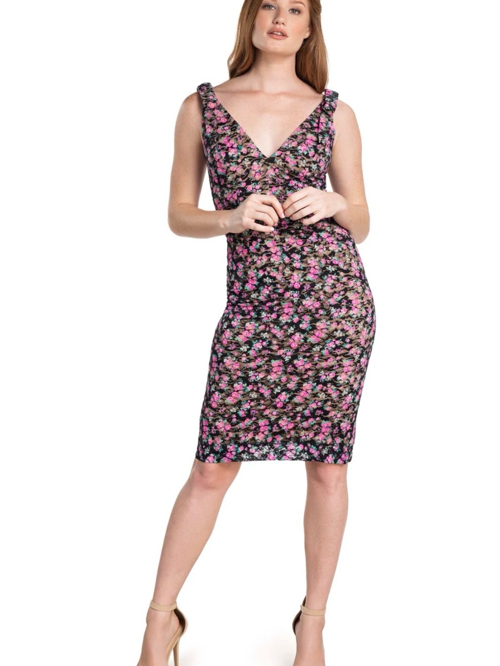 NWT Dress the Population Floral V-Neck Bodycon Dress in Black and Pink XXS